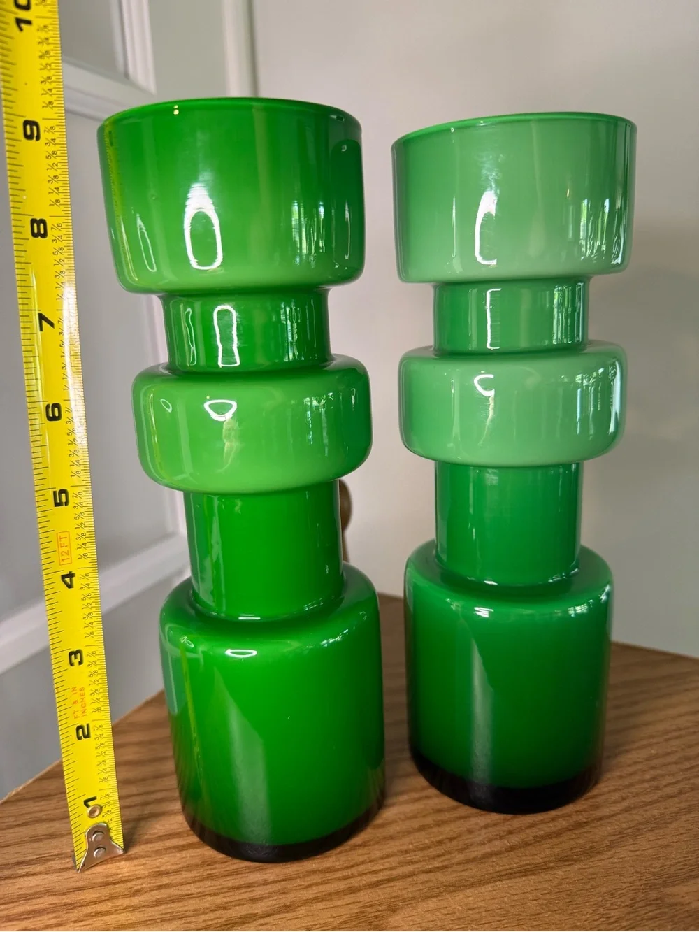 West Elm Green Glass Sculptural Decor/Vase/Candle Holder - Pair